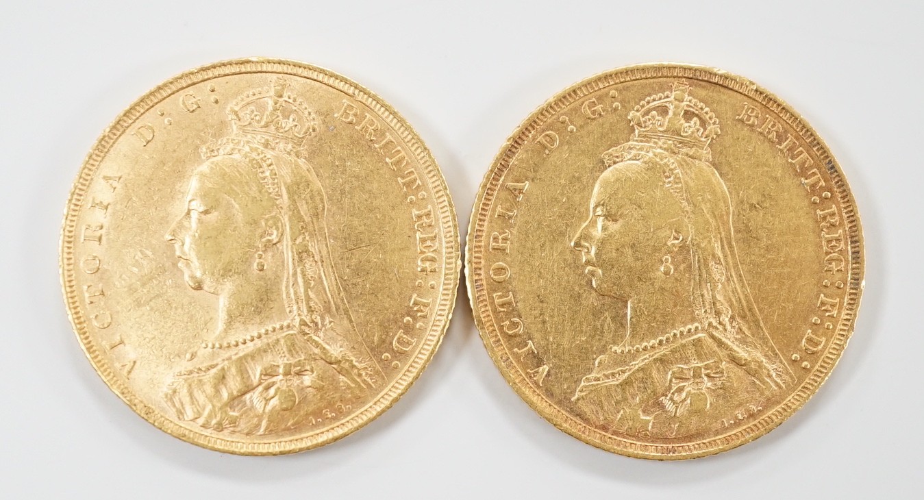 Two Victorian 1892 gold sovereigns.